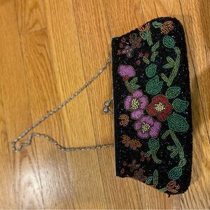 Vintage Floral Beaded Black Clutch - removeable strap